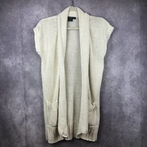 Eddie Bauer Knit Cardigan Womens XS Linen Cream Sleeveless Long Line Pockets